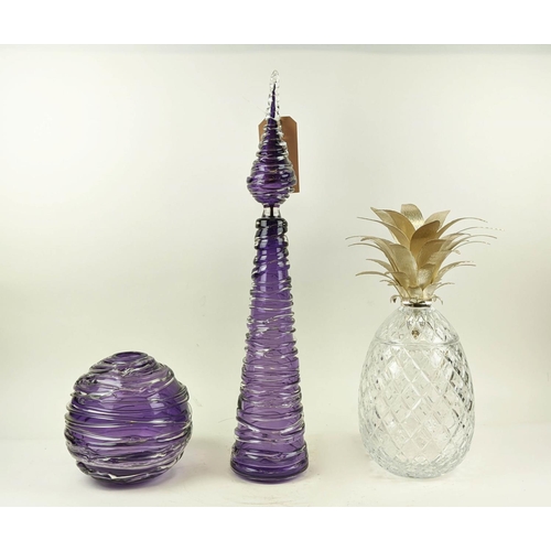 399 - WILLIAM YEOWARD ISADORA PINEAPPLE CENTRE PIECE, 46.5cm H, with a vase, 22cm H, and decantor, 71cm H.... 