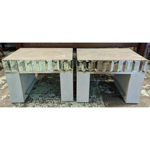 465 - SIDE TABLES, a pair, faux shagreen, mirrored detail, one drawer and glass undertier on each, 74cm x ... 