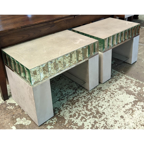465 - SIDE TABLES, a pair, faux shagreen, mirrored detail, one drawer and glass undertier on each, 74cm x ... 