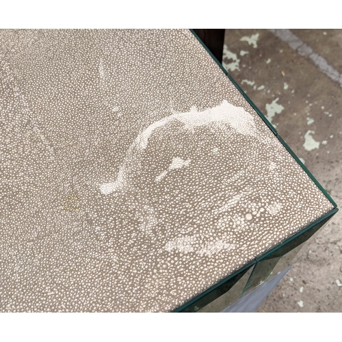 465 - SIDE TABLES, a pair, faux shagreen, mirrored detail, one drawer and glass undertier on each, 74cm x ... 