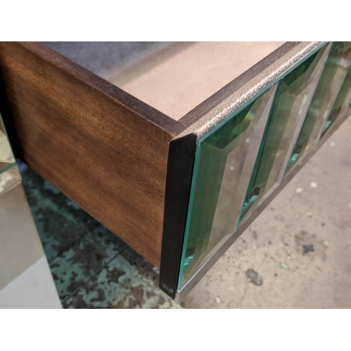 465 - SIDE TABLES, a pair, faux shagreen, mirrored detail, one drawer and glass undertier on each, 74cm x ... 