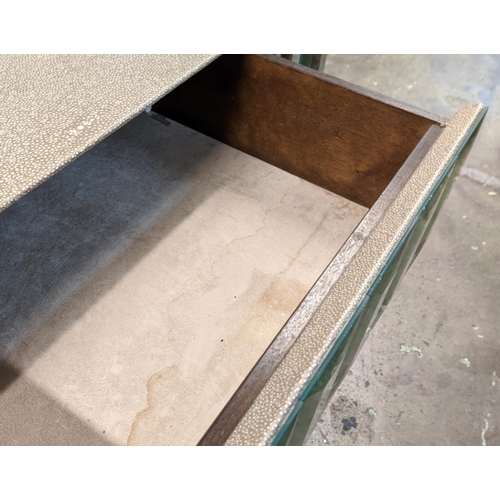 465 - SIDE TABLES, a pair, faux shagreen, mirrored detail, one drawer and glass undertier on each, 74cm x ... 