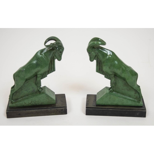 119 - BOOKENDS, a pair, signed M. Le Vennier, Art Deco rams in green on metal bases. 18cm H x 13cm W. (2)