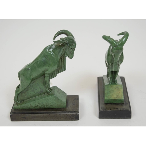 119 - BOOKENDS, a pair, signed M. Le Vennier, Art Deco rams in green on metal bases. 18cm H x 13cm W. (2)