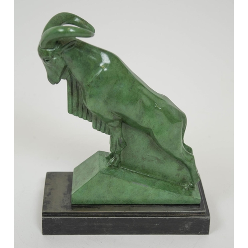 119 - BOOKENDS, a pair, signed M. Le Vennier, Art Deco rams in green on metal bases. 18cm H x 13cm W. (2)