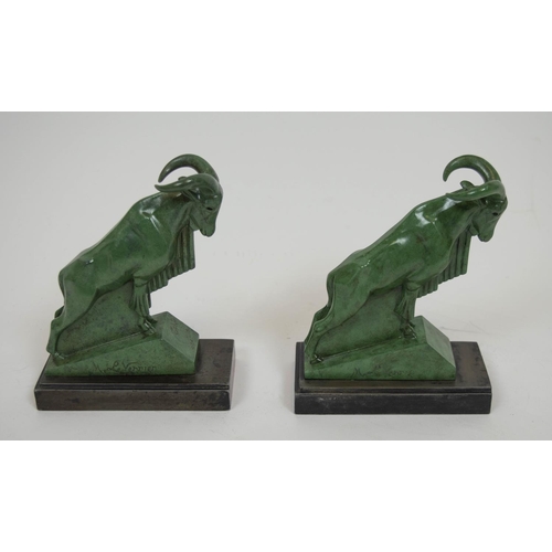 119 - BOOKENDS, a pair, signed M. Le Vennier, Art Deco rams in green on metal bases. 18cm H x 13cm W. (2)