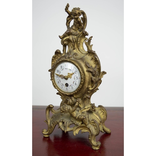 138 - MANTLE CLOCK, 19th century French Rococo, enameled face with scrolling putti adorned bronze case, 30... 