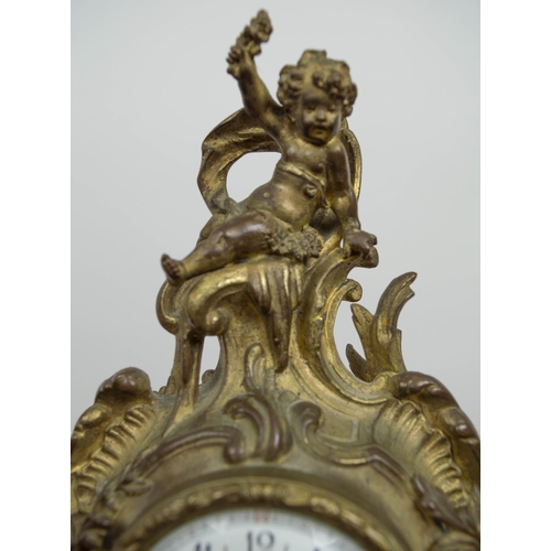 138 - MANTLE CLOCK, 19th century French Rococo, enameled face with scrolling putti adorned bronze case, 30... 