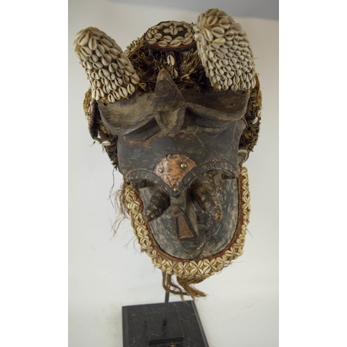 116 - KUBA MASK, Congolese, ornately carved wood, adorned with Cowrie shells and grass fiber 90cm H