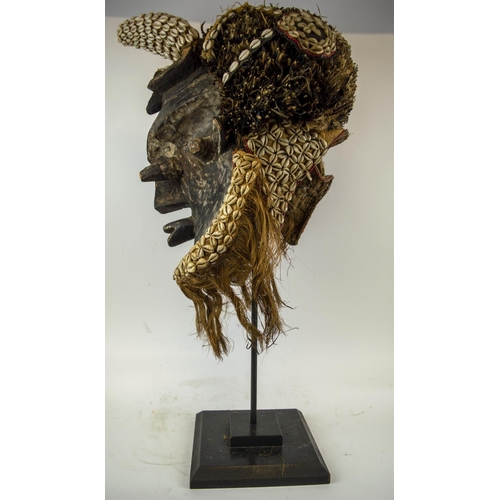 116 - KUBA MASK, Congolese, ornately carved wood, adorned with Cowrie shells and grass fiber 90cm H