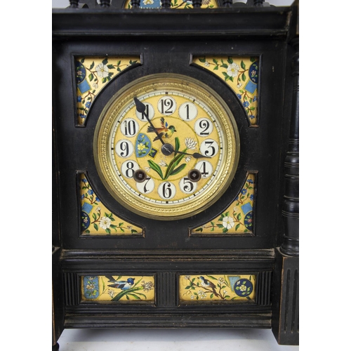 136 - AESTHETIC MOVEMENT MANTEL CLOCK, ebonised with gilt and chinoiserie hand painted bird and foliate de... 