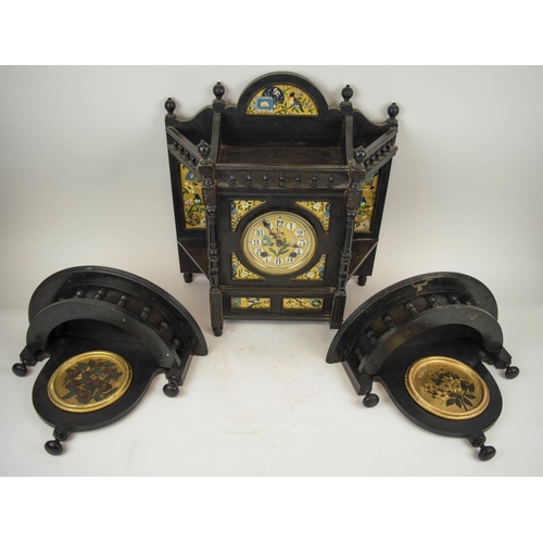 136 - AESTHETIC MOVEMENT MANTEL CLOCK, ebonised with gilt and chinoiserie hand painted bird and foliate de... 