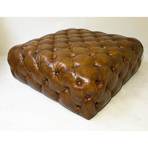 198 - HEARTH STOOL, 106cm sq. x 36cm H, Timothy Oulton style, all over deep buttoned mid brown natural hid... 