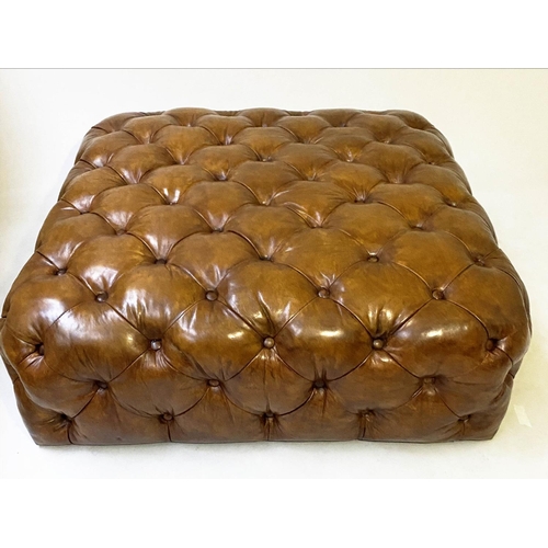 198 - HEARTH STOOL, 106cm sq. x 36cm H, Timothy Oulton style, all over deep buttoned mid brown natural hid... 