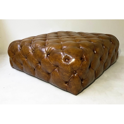 198 - HEARTH STOOL, 106cm sq. x 36cm H, Timothy Oulton style, all over deep buttoned mid brown natural hid... 
