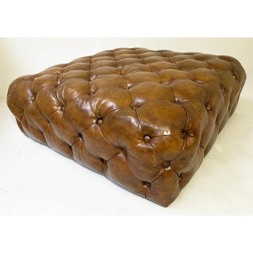 198 - HEARTH STOOL, 106cm sq. x 36cm H, Timothy Oulton style, all over deep buttoned mid brown natural hid... 
