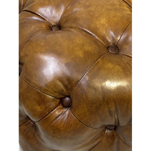 198 - HEARTH STOOL, 106cm sq. x 36cm H, Timothy Oulton style, all over deep buttoned mid brown natural hid... 