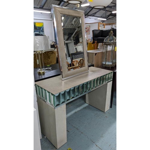 464 - VANITY TABLE, 121cm x 46cm x 170cm, faux shagreen, mirrored detail, one drawer, articulating mirror.