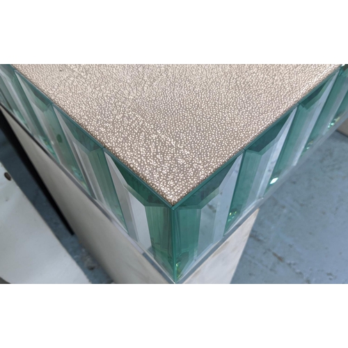 464 - VANITY TABLE, 121cm x 46cm x 170cm, faux shagreen, mirrored detail, one drawer, articulating mirror.