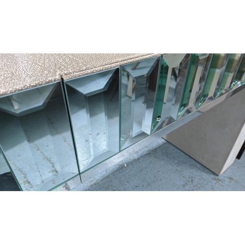 464 - VANITY TABLE, 121cm x 46cm x 170cm, faux shagreen, mirrored detail, one drawer, articulating mirror.
