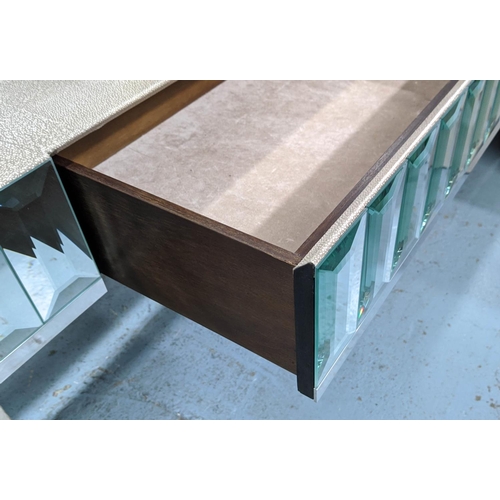 464 - VANITY TABLE, 121cm x 46cm x 170cm, faux shagreen, mirrored detail, one drawer, articulating mirror.