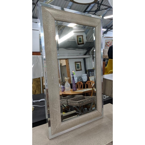 464 - VANITY TABLE, 121cm x 46cm x 170cm, faux shagreen, mirrored detail, one drawer, articulating mirror.