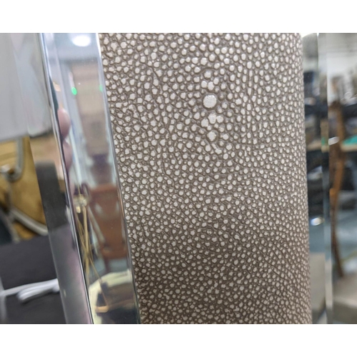 464 - VANITY TABLE, 121cm x 46cm x 170cm, faux shagreen, mirrored detail, one drawer, articulating mirror.