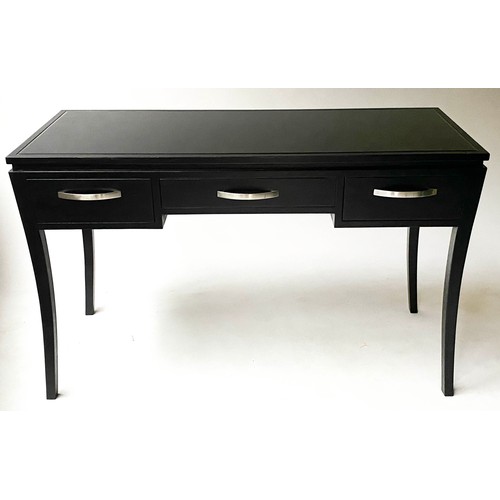 366 - WRITING TABLE AND CHAIR, 74cm H x 120cm x 50cm, contemporary, black lacquered, glass topped ash tabl... 