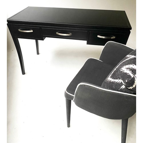 366 - WRITING TABLE AND CHAIR, 74cm H x 120cm x 50cm, contemporary, black lacquered, glass topped ash tabl... 