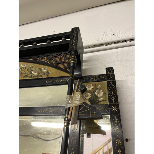 281 - AESTHETIC OVERMANTEL, 149cm W x 181cm H, Victorian ebonised with bird and floral decoration.