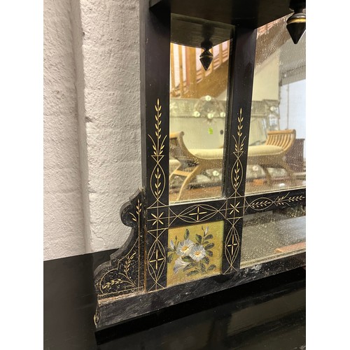 281 - AESTHETIC OVERMANTEL, 149cm W x 181cm H, Victorian ebonised with bird and floral decoration.