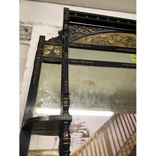 281 - AESTHETIC OVERMANTEL, 149cm W x 181cm H, Victorian ebonised with bird and floral decoration.