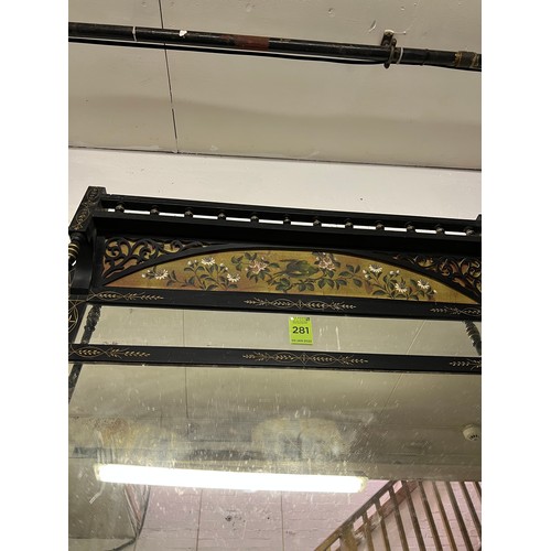 281 - AESTHETIC OVERMANTEL, 149cm W x 181cm H, Victorian ebonised with bird and floral decoration.