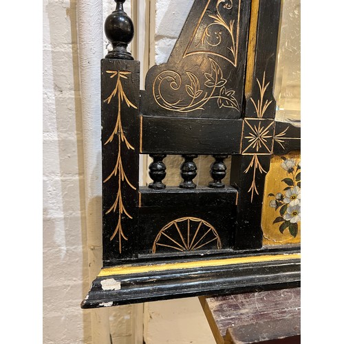280 - AESTHETIC OVERMANTEL, 121cm W x 131cm H, Victorian ebonised with bird and floral decoration.