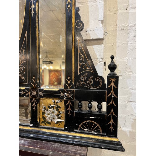 280 - AESTHETIC OVERMANTEL, 121cm W x 131cm H, Victorian ebonised with bird and floral decoration.