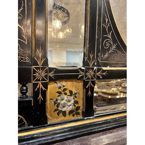 280 - AESTHETIC OVERMANTEL, 121cm W x 131cm H, Victorian ebonised with bird and floral decoration.