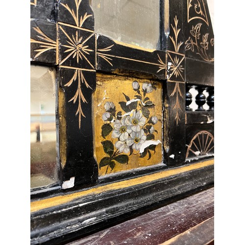 280 - AESTHETIC OVERMANTEL, 121cm W x 131cm H, Victorian ebonised with bird and floral decoration.