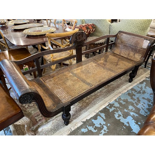 236 - ANGLO INDIAN SEAT, mid 19th century, carved teak and cane panelled, with reeded turned supports and ... 