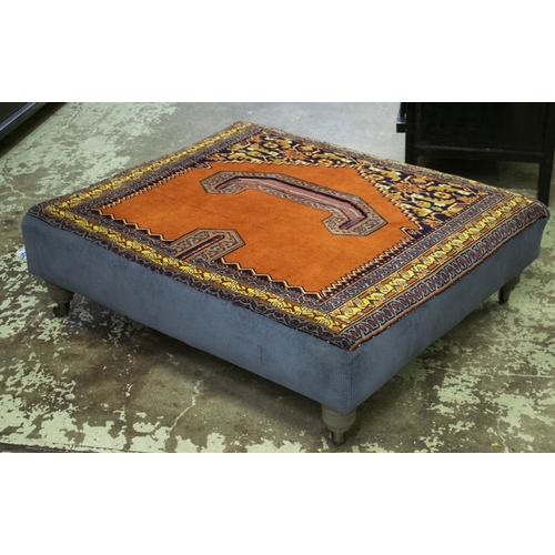 170 - HEARTH STOOL, 32cm H x 102cm x 90cm, prayer rug and corduroy upholstered on castors.