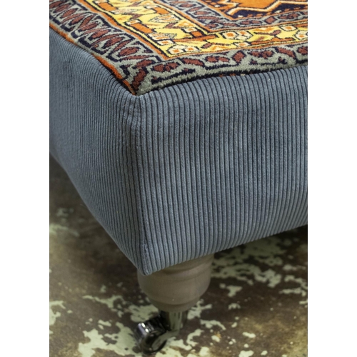 170 - HEARTH STOOL, 32cm H x 102cm x 90cm, prayer rug and corduroy upholstered on castors.