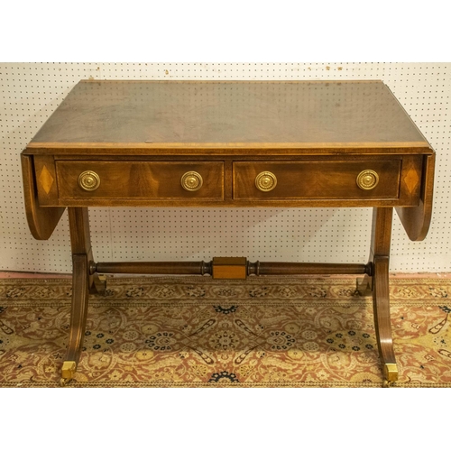 173 - SOFA TABLE, 71cm H x 96cm x 64cm, 149cm open, Regency style mahogany and satinwood with two drawers.