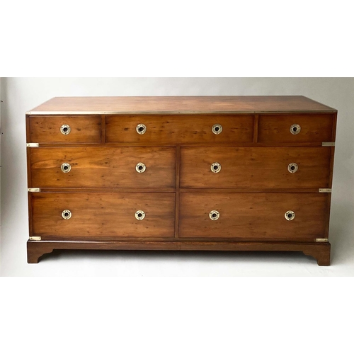 192 - CAMPAIGN LOW CHEST, Georgian design figured yew and brass bound with seven drawers, 153cm x 46cm x 7... 