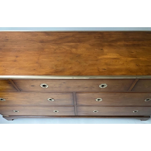 192 - CAMPAIGN LOW CHEST, Georgian design figured yew and brass bound with seven drawers, 153cm x 46cm x 7... 