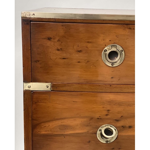 192 - CAMPAIGN LOW CHEST, Georgian design figured yew and brass bound with seven drawers, 153cm x 46cm x 7... 