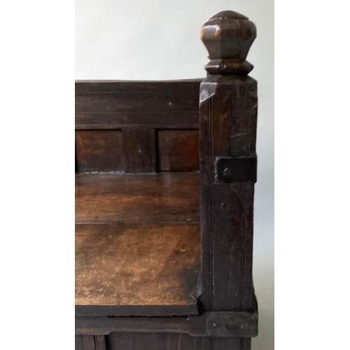 193 - INDIAN SETTLE, North Indian teak and iron bound with rising seat and cushion, 140cm x 75cm x 90cm H.