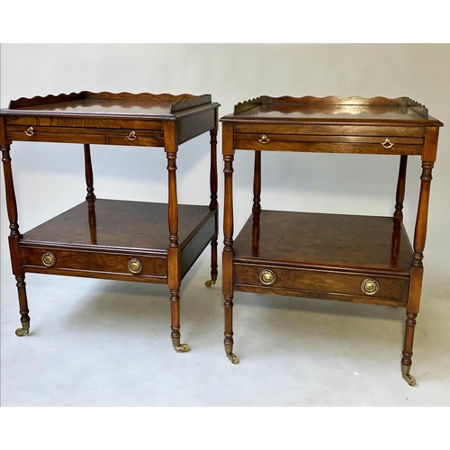 181 - LAMP TABLES, a pair, George III design burr elm each with two tiers and drawer. 60cm x 45cm x 45cm. ... 