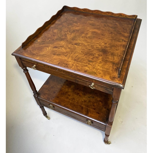 181 - LAMP TABLES, a pair, George III design burr elm each with two tiers and drawer. 60cm x 45cm x 45cm. ... 