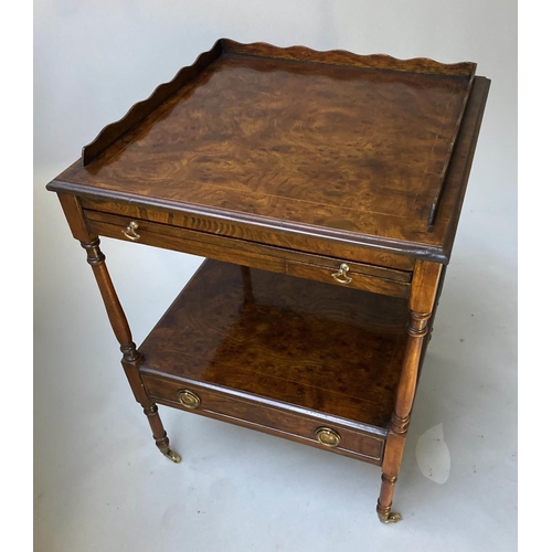 181 - LAMP TABLES, a pair, George III design burr elm each with two tiers and drawer. 60cm x 45cm x 45cm. ... 