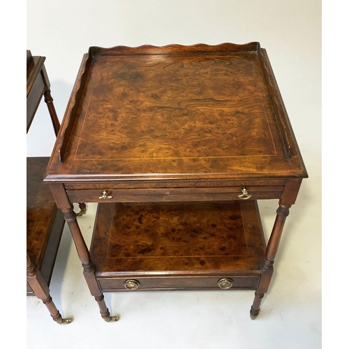 181 - LAMP TABLES, a pair, George III design burr elm each with two tiers and drawer. 60cm x 45cm x 45cm. ... 