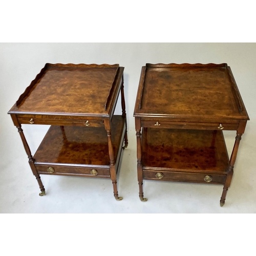 181 - LAMP TABLES, a pair, George III design burr elm each with two tiers and drawer. 60cm x 45cm x 45cm. ... 